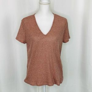 FORE Peach Waffle Knit V-Neck Short Sleeve Top